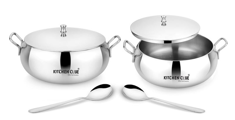 KITCHEN CLUE Stainless Steel Serving Kadhai Set with Lid - Looks Attractive & Stylish - Pack of 2 Pcs, 2000 ML & 2 Pcs Serving Spoon - Ideal for Serving & Storing - Steel Container with Lid - Image 5
