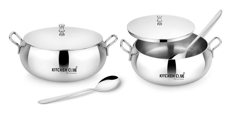 KITCHEN CLUE Stainless Steel Serving Kadhai Set with Lid - Looks Attractive & Stylish - Pack of 2 Pcs, 2000 ML & 2 Pcs Serving Spoon - Ideal for Serving & Storing - Steel Container with Lid - Image 1