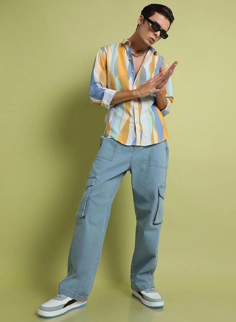 Campus Sutra Campus Sutra Men's Multicolour Contrast Abstract Print Shirt For Everyday Wear | Spread Collar |  Button Closure | Long Sleeve | Heavy Rayon Shirt Crafted With Comfort Fit For Everyday Wear