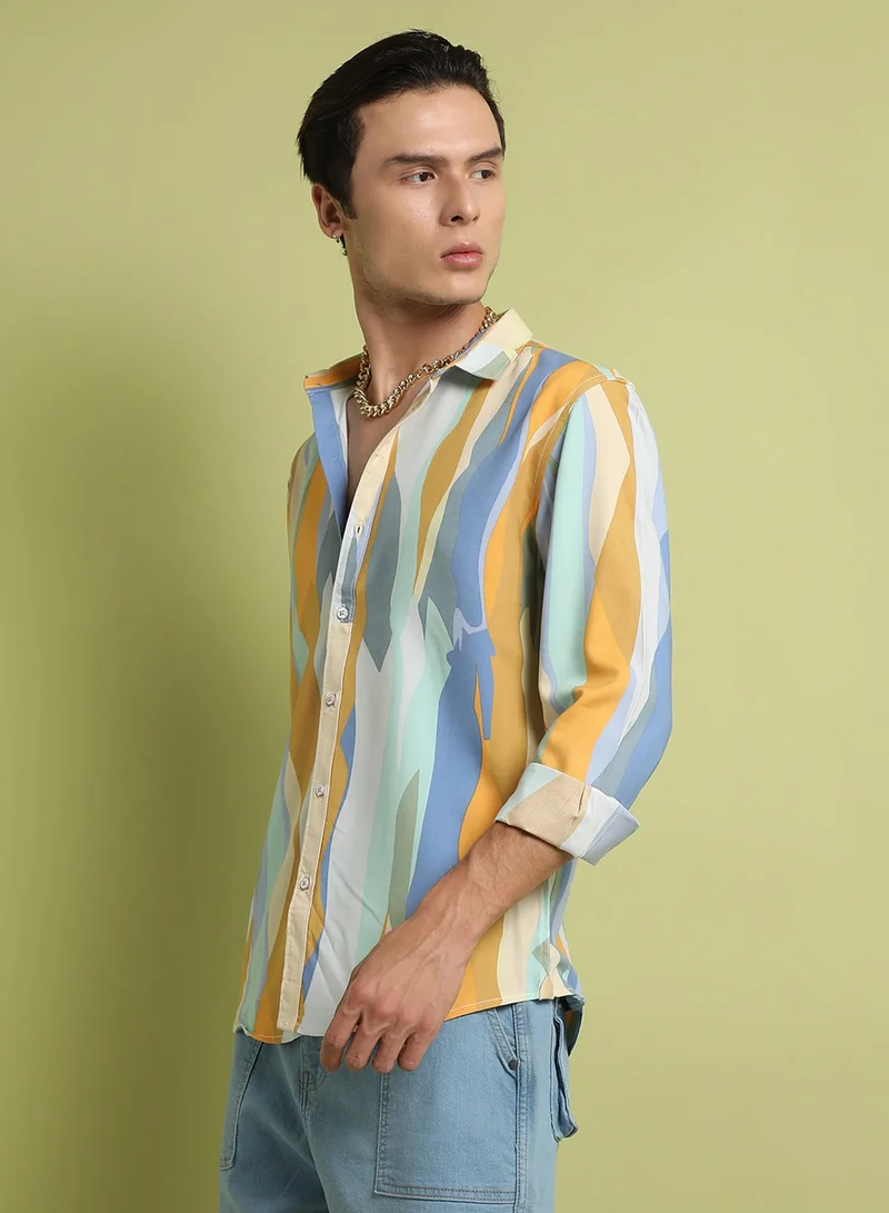 Campus Sutra Campus Sutra Men's Multicolour Contrast Abstract Print Shirt For Everyday Wear | Spread Collar |  Button Closure | Long Sleeve | Heavy Rayon Shirt Crafted With Comfort Fit For Everyday Wear