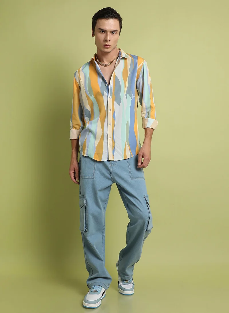 Campus Sutra Campus Sutra Men's Multicolour Contrast Abstract Print Shirt For Everyday Wear | Spread Collar |  Button Closure | Long Sleeve | Heavy Rayon Shirt Crafted With Comfort Fit For Everyday Wear