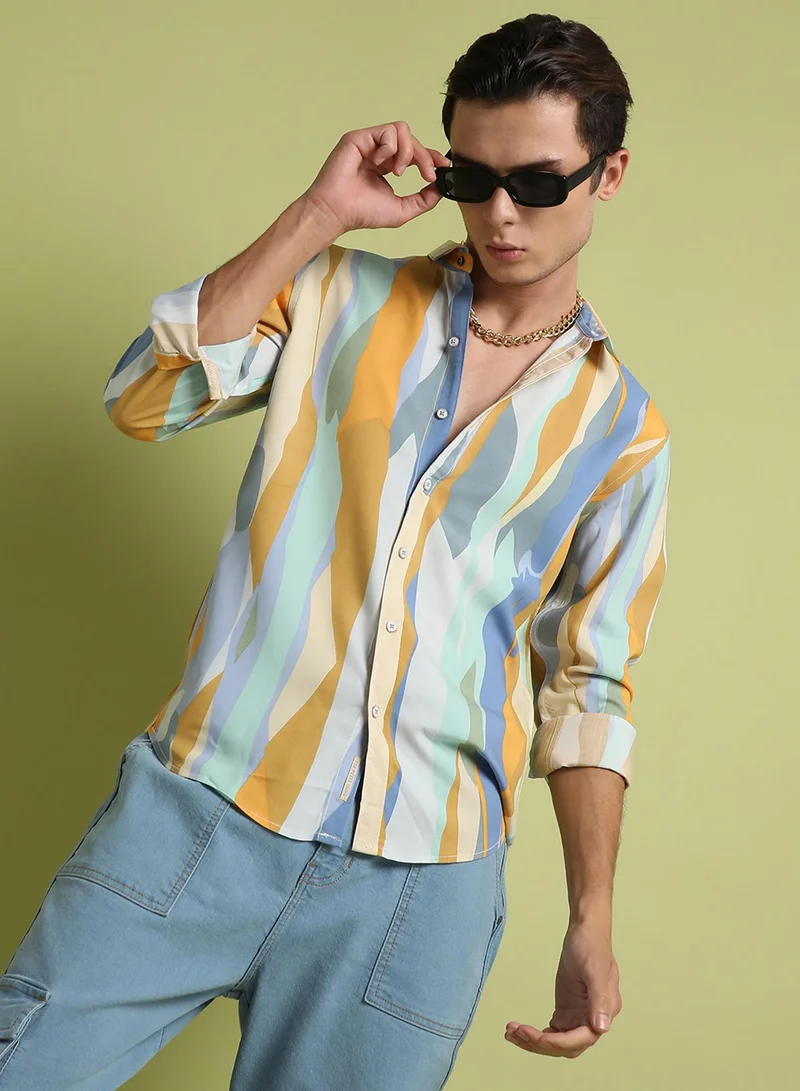 Campus Sutra Campus Sutra Men's Multicolour Contrast Abstract Print Shirt For Everyday Wear | Spread Collar |  Button Closure | Long Sleeve | Heavy Rayon Shirt Crafted With Comfort Fit For Everyday Wear