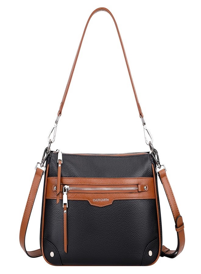 Over Earth Leather Crossbody Bags for Women Small Hobo Purses Ladies Shoulder Bag, 02-black/Brown, Small Size - Image 1