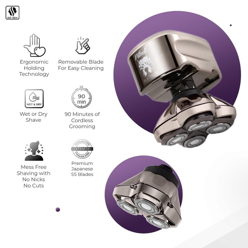 Skull Shaver شيفر رأس سكول شافر بيتبول بلاتينيوم برو: شيفر رأس للرجال - شيفرات الرأس الأصلع بتقنية الرطب/الجاف، تصميم مريح، قفل للسفر، وإكسسوارات. مجموعة العناية المثالية. - Image 2