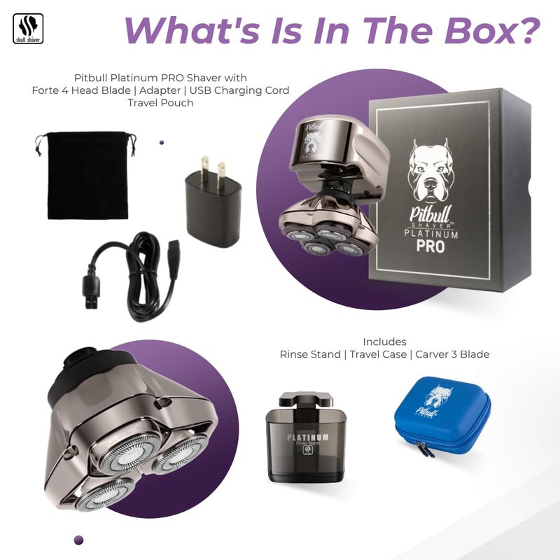 Skull Shaver شيفر رأس سكول شافر بيتبول بلاتينيوم برو: شيفر رأس للرجال - شيفرات الرأس الأصلع بتقنية الرطب/الجاف، تصميم مريح، قفل للسفر، وإكسسوارات. مجموعة العناية المثالية. - Image 3