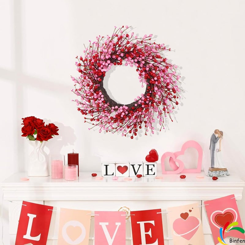 BINFEN 20" Valentines Day Wreath â€“ Pink & Red Berry Valentineâ€™s Day Wreaths for Front Door Decor, Outdoor/Indoor Valentine Wreath, Romantic Home Decoration - Image 3