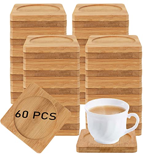 HOIGON 60 Pack 3.7 Inch Bamboo Coasters, Natural Wooden Coasters, Square Bamboo Tray Saucer Set for Drinks, Crafts, Succulents - Image 1