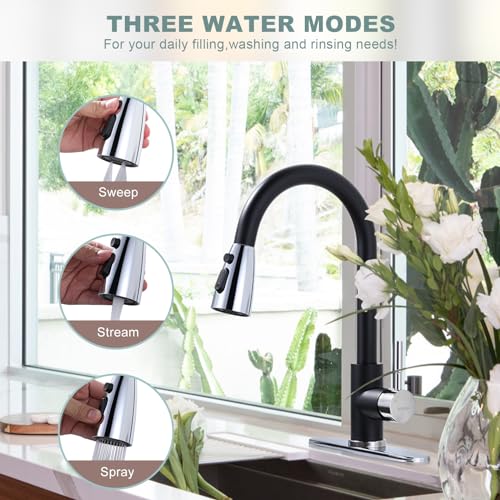 WOWOW Black and Chrome Kitchen Faucet with Sprayer WOWOW Stainless Steel Kitchen Sink Faucet High Arc Utility Sink Faucet 1 or 3 Hole Kitchen Tap for RV Laundry Bar - Image 3
