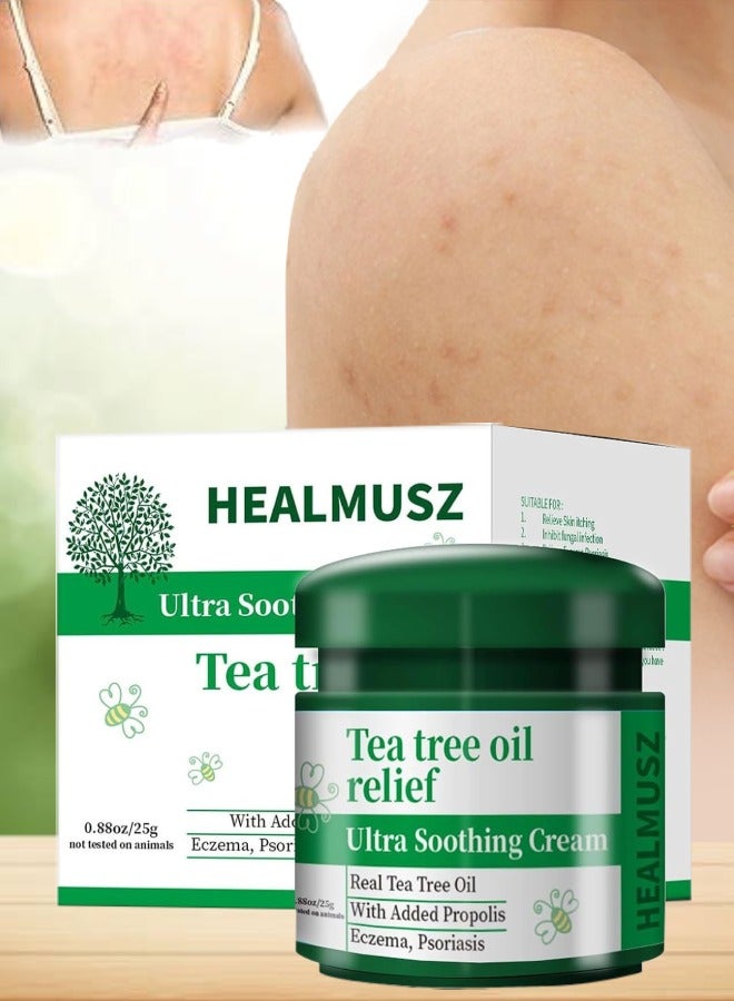 HEALMUSZ كريم مهدئ للغاية بزيت شجرة الشاي لتخفيف زيت شجرة الشاي كريم الصدفية مرهم الصدفية مع زيت شجرة الشاي يخفف حكة الجلد ويمنع العدوى الفطرية كريم غسول علاج الصدفية 25 جرام - Image 1