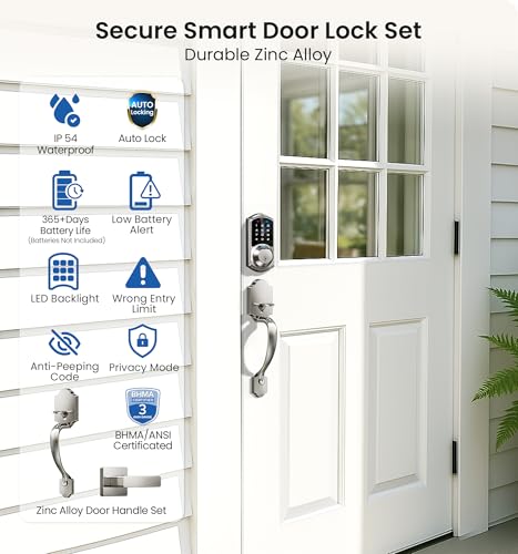 Veise VE07-H Fingerprint Smart Locks for Front Door with Handle Set, App Control, Keyless Entry Keypad Deadbolt, Digital Electronic Touchscreen, Easy Install, Auto Lock, Satin Nickel - Image 5