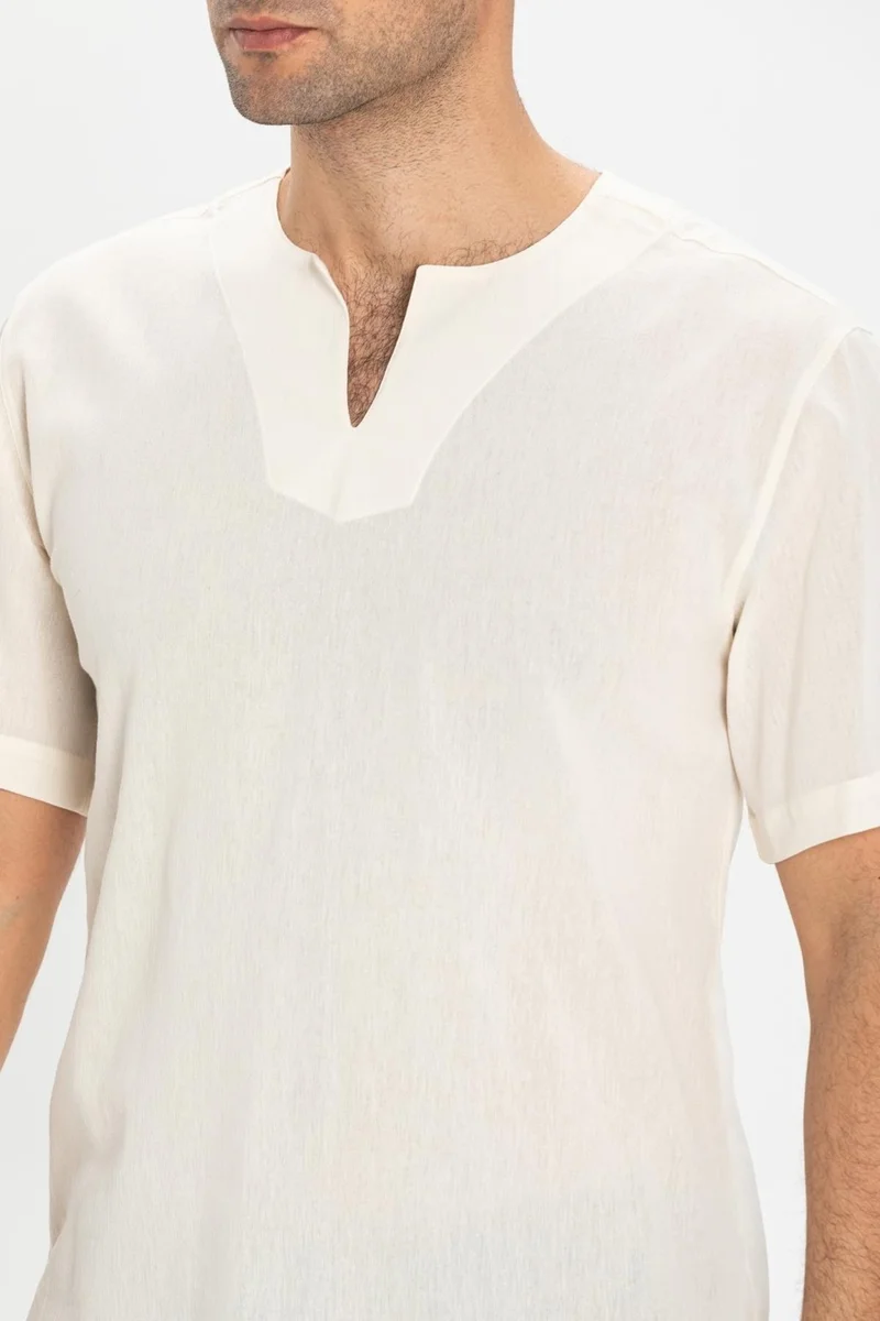 اليش شيل بيزي Eliş Şile Cloth Short Sleeve Şile Cloth Cycling Collar Men's T-Shirt Cream