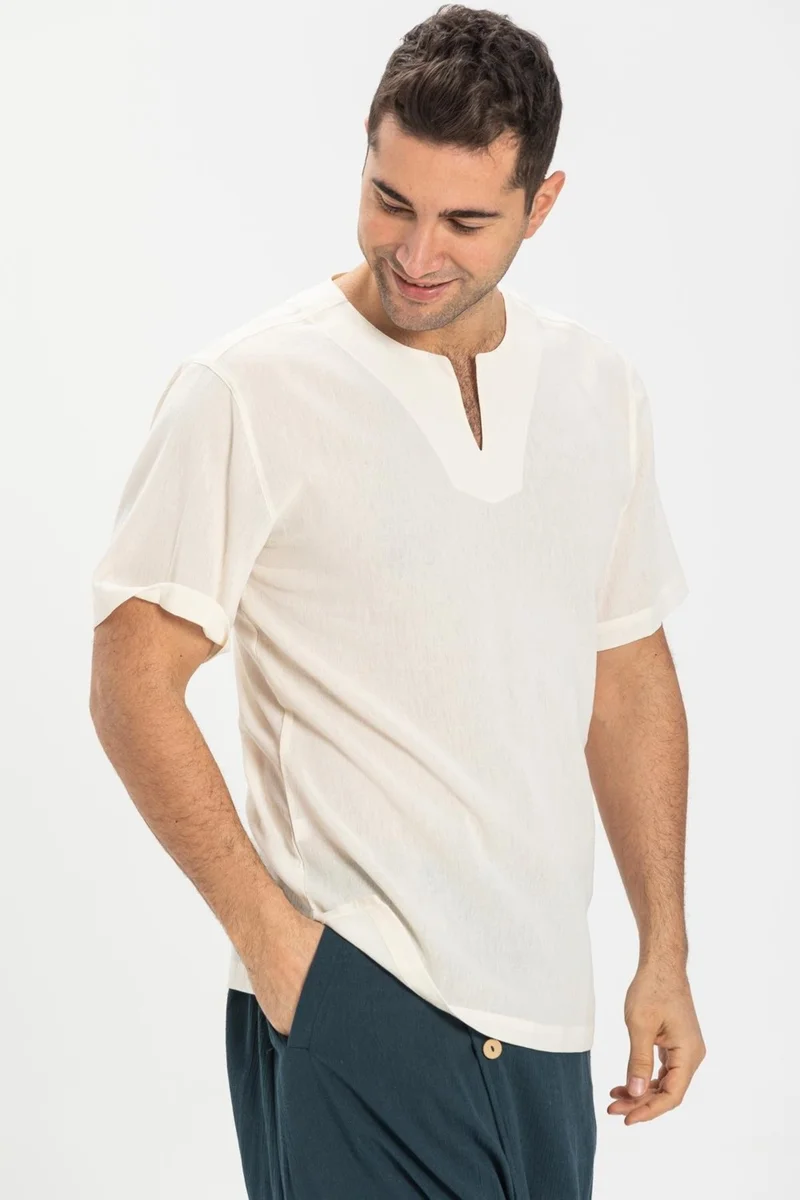 اليش شيل بيزي Eliş Şile Cloth Short Sleeve Şile Cloth Cycling Collar Men's T-Shirt Cream