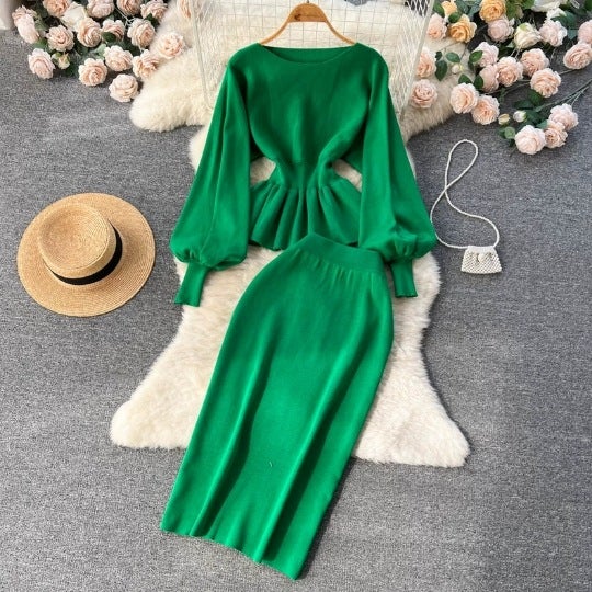 Autumn and Winter New French Style Socialite Knitted suit Ruffled Lantern Long-sleeved Top Hip Skirt Two-piece Set for Women Black - Image 3