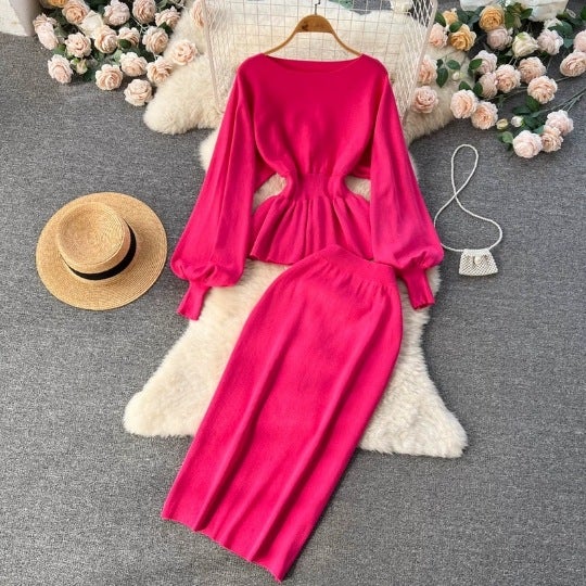 Autumn and Winter New French Style Socialite Knitted suit Ruffled Lantern Long-sleeved Top Hip Skirt Two-piece Set for Women Black - Image 2