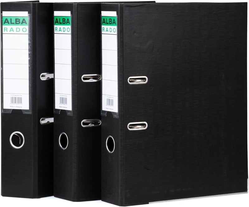 AL FAKHAMA Alba Rado Plastic Heavy Duty Lever Arch File - Foolscap Size (8 CM / 3 Inch) - Black Box File with Internal Pocket, Pack of 5 - Image 3
