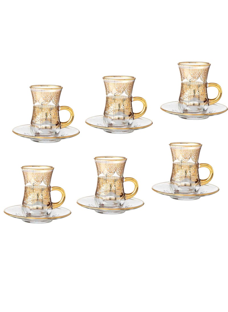 byblos A transparent glass Turkish tea set consisting of 6 cups and 6 saucers with golden decor - Image 1
