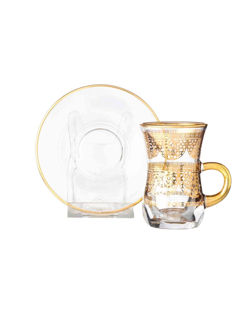 byblos A transparent glass Turkish tea set consisting of 6 cups and 6 saucers with golden decor - Image 2
