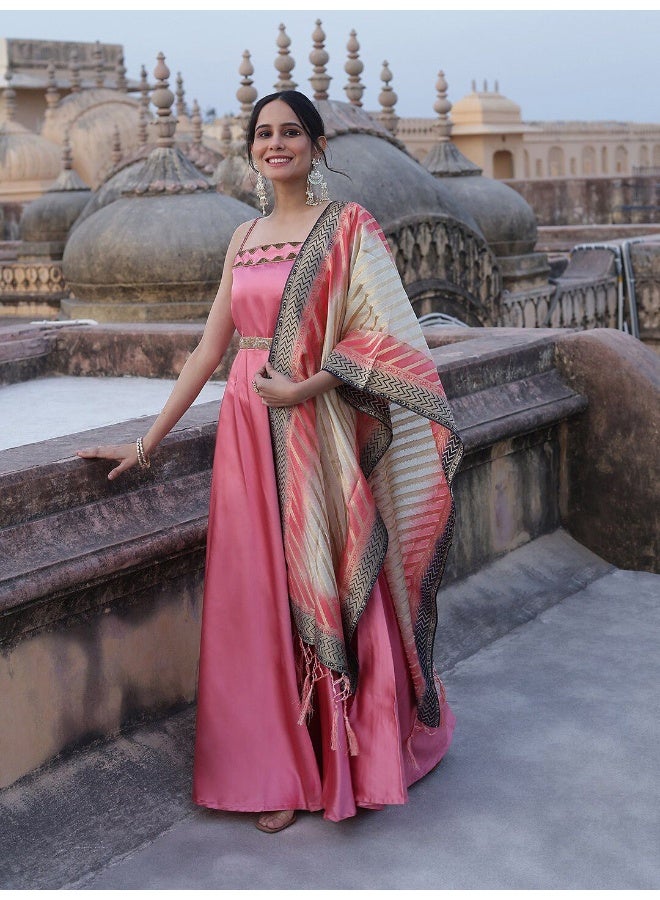 AKS Pink Embellished Dress With Dupatta  - Image 1