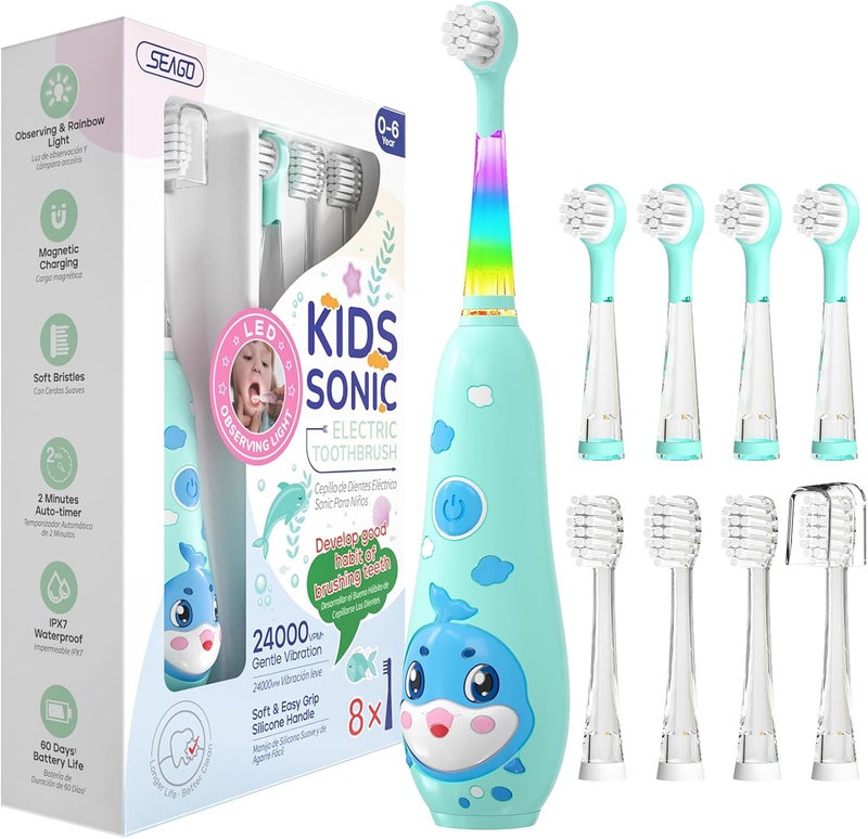 Seago Kids Electric Toothbrushes Rechargeable, Toddler Electric Toothbrush with Magnetic Charging, LED Observing Light, 8 Toothbrush Heads for Ages 2-4-6 Boys Girls - Image 1