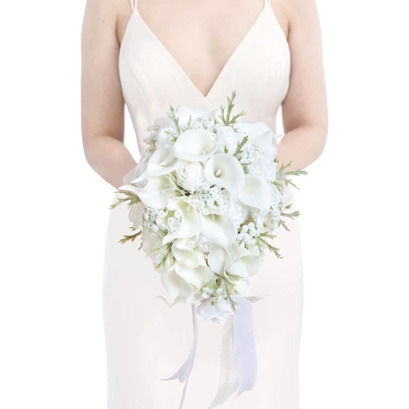 INSUNSIX Bride Bouquets for Wedding11 Inch White Calla Lily Cascading Bridal Bouquet Silk Flowers for Ceremony Anniversary Wedding Bridal ShowerNatural Whites - Image 2