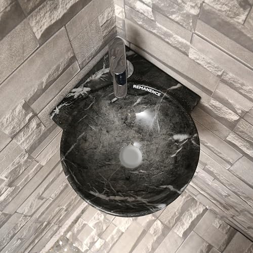 REMANENCE Wall Mounted Wash Basin for Bathroom | Ceramic Wash Basin Wall Hung Small Corner Wash Basin/Sink (16.3 x 13.8 x 4.3 Inch) (Designer Black White) - Image 2