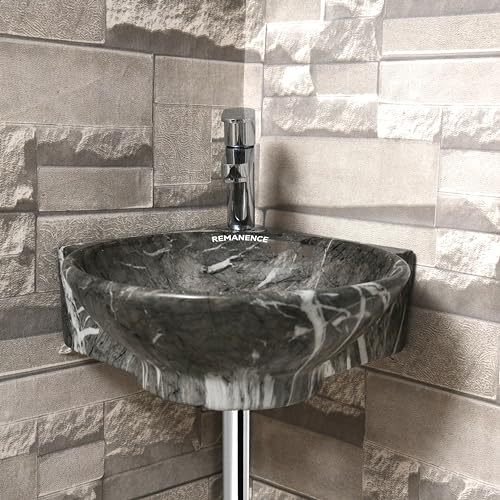 REMANENCE Wall Mounted Wash Basin for Bathroom | Ceramic Wash Basin Wall Hung Small Corner Wash Basin/Sink (16.3 x 13.8 x 4.3 Inch) (Designer Black White) - Image 4