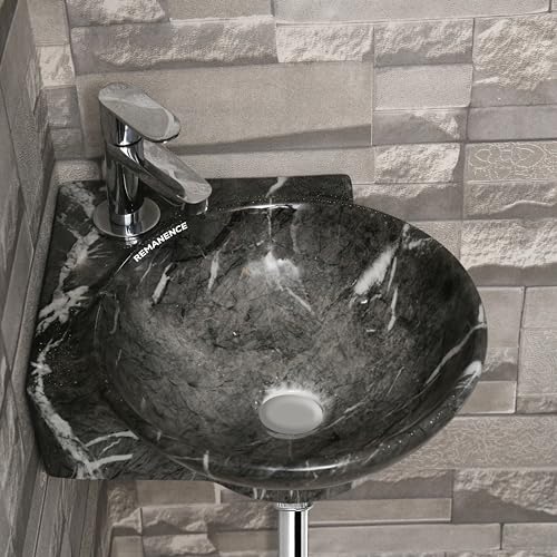 REMANENCE Wall Mounted Wash Basin for Bathroom | Ceramic Wash Basin Wall Hung Small Corner Wash Basin/Sink (16.3 x 13.8 x 4.3 Inch) (Designer Black White) - Image 1