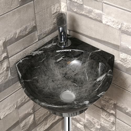 REMANENCE Wall Mounted Wash Basin for Bathroom | Ceramic Wash Basin Wall Hung Small Corner Wash Basin/Sink (16.3 x 13.8 x 4.3 Inch) (Designer Black White) - Image 3