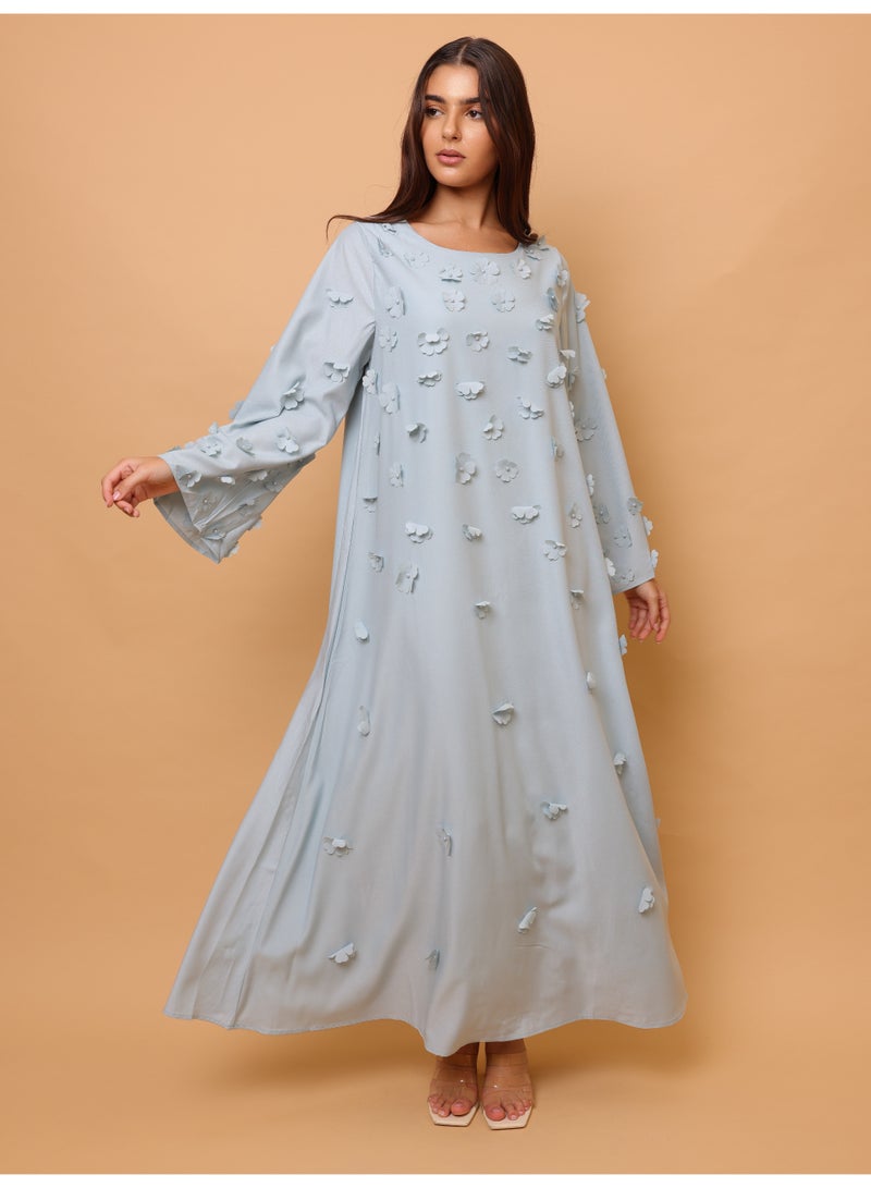 IKKXA Solid 3D Flowers Elegant Jalabiya IK6029 Blue - Image 5