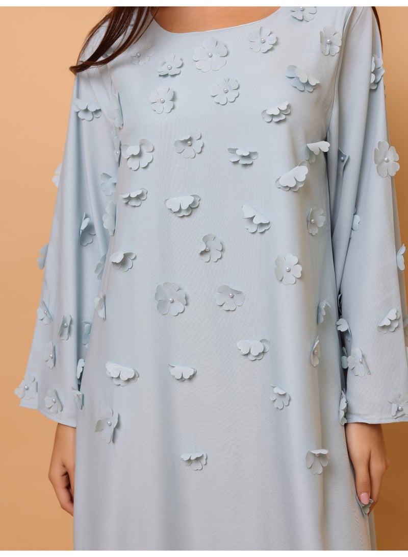 IKKXA Solid 3D Flowers Elegant Jalabiya IK6029 Blue - Image 2