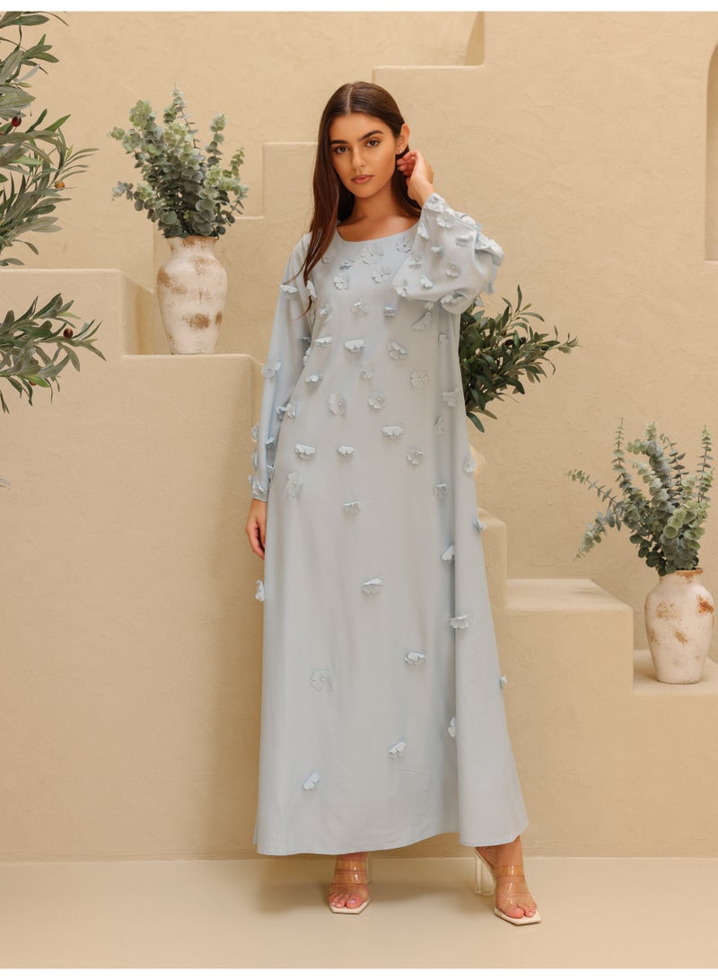 IKKXA Solid 3D Flowers Elegant Jalabiya IK6029 Blue - Image 1