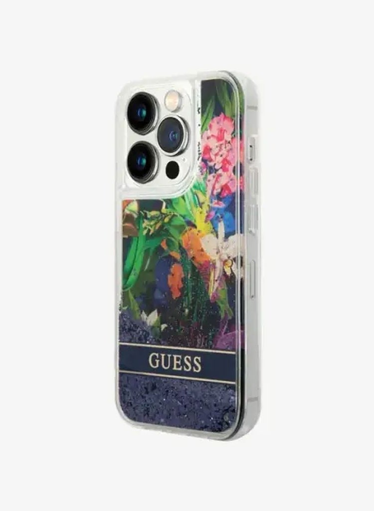 GUESS iPhone 15 Pro Case HC Liquid Glitter Back Cover with Flower Pattern / Drop & Bumper Protection - Blue - Image 3