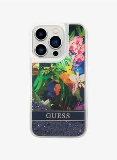 جس جراب خلفي لامع سائل لهاتف iPhone 15 Pro مع نمط زهور / حماية من السقوط والصدمات - أزرق  - Image 1