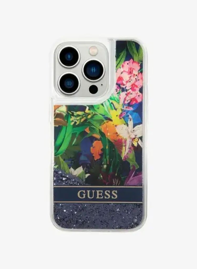 GUESS iPhone 15 Pro Case HC Liquid Glitter Back Cover with Flower Pattern / Drop & Bumper Protection - Blue - Image 1