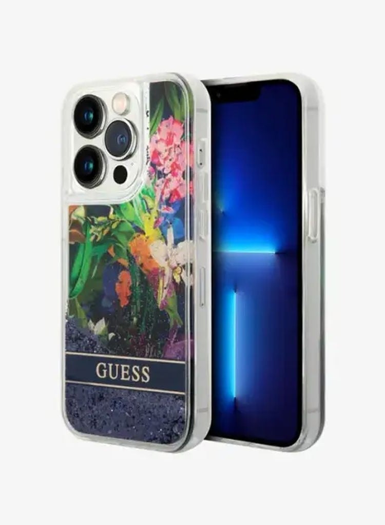 GUESS iPhone 15 Pro Case HC Liquid Glitter Back Cover with Flower Pattern / Drop & Bumper Protection - Blue - Image 4