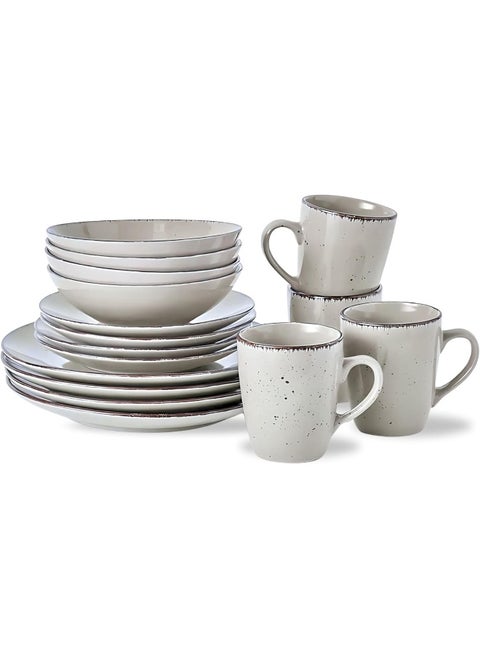 16 Piece Stoneware Dinner Set With 4 X 27 Cm Dinner Plate, 4 X 20 Cm Side Plate, 4 X 15 Cm X 6 Cm Bowls, 4X 415 Ml Mugs , Serves 4 For Everyday Use, Cream White
