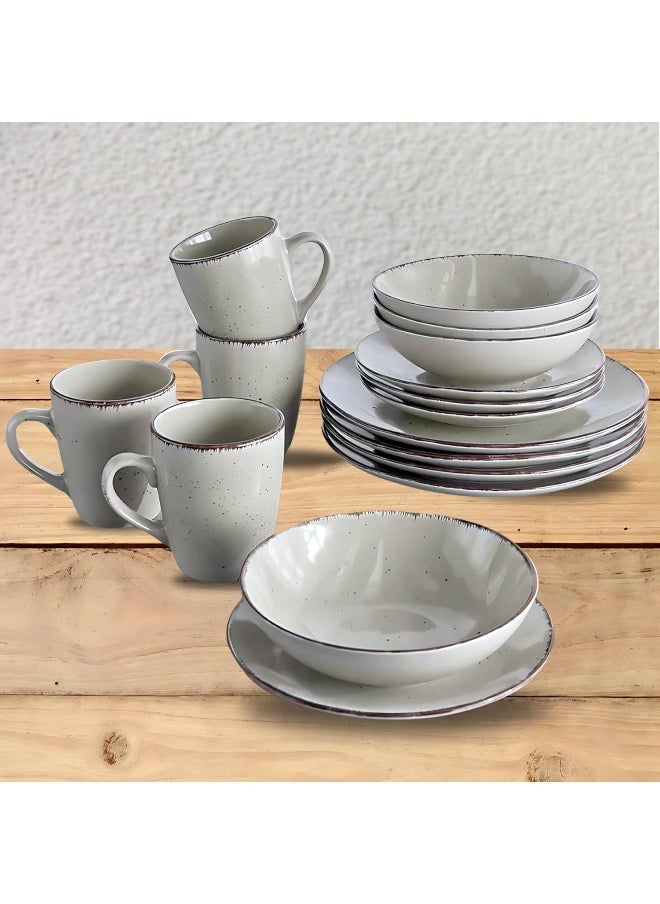 Feelings - 16 Piece Stoneware Dinner Set With 4 X 27 Cm Dinner Plate, 4 X 20 Cm Side Plate, 4 X 15 Cm X 6 Cm Bowls, 4X 415 Ml Mugs , Serves 4 For Everyday Use, Cream White - Image 1