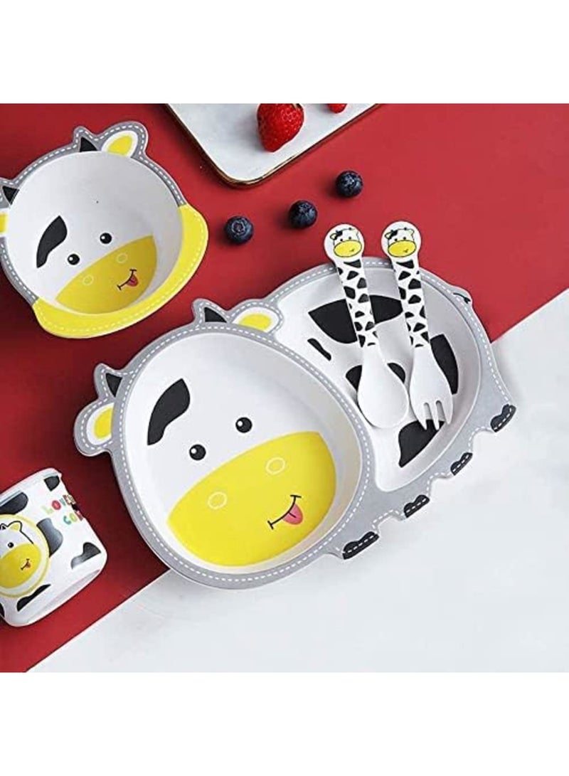 Luckam 5Pcs/Set Kids Dinnerware Set - Children Dishes - Food Plate Bowl Cup Spoon Fork Set Natural Bamboo Fiber Dishware, BPA Free Dishwasher Safe (Cow) - Image 4