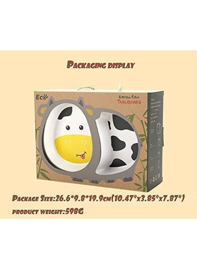 Luckam 5Pcs/Set Kids Dinnerware Set - Children Dishes - Food Plate Bowl Cup Spoon Fork Set Natural Bamboo Fiber Dishware, BPA Free Dishwasher Safe (Cow) - Image 2