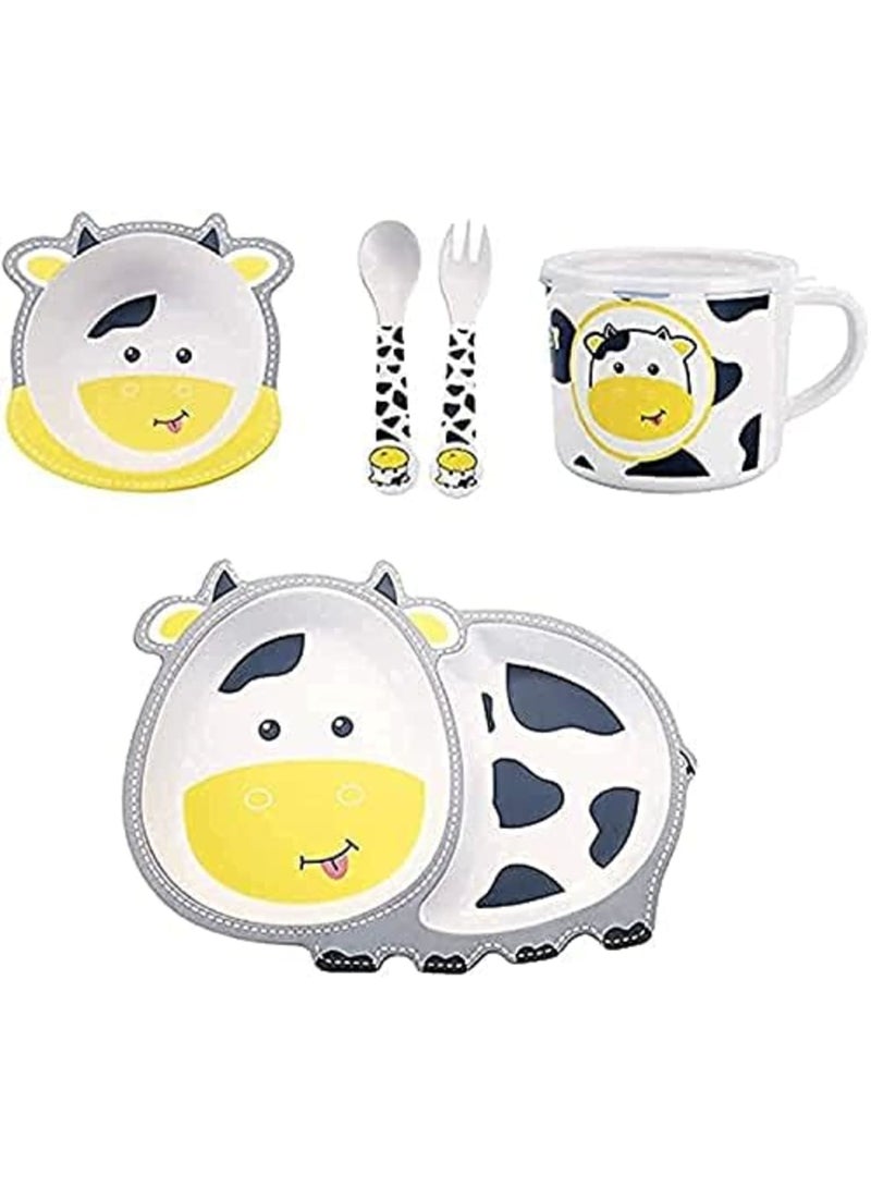 Luckam 5Pcs/Set Kids Dinnerware Set - Children Dishes - Food Plate Bowl Cup Spoon Fork Set Natural Bamboo Fiber Dishware, BPA Free Dishwasher Safe (Cow) - Image 1