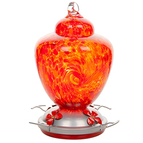 REZIPO Hummingbird Feeder with Perch - Hand Blown Glass - Red - 38 Fluid Ounces Hummingbird Nectar Capacity Include Hanging Wires and Moat Hook - Image 1