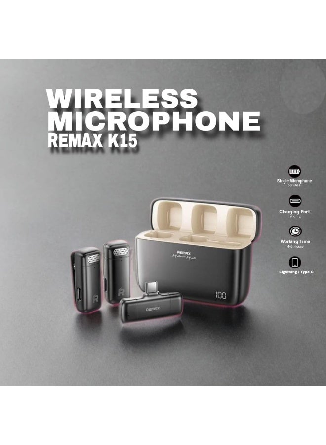 ريماكس ميكروفون لاسلكي REMAX K15 2 في 1 - ميكروفون بلوتوث للهواتف الذكية، من النوع C، مثالي للتدوين المرئي، والتدوين الصوتي، والبث المباشر، والمقابلات - Image 3