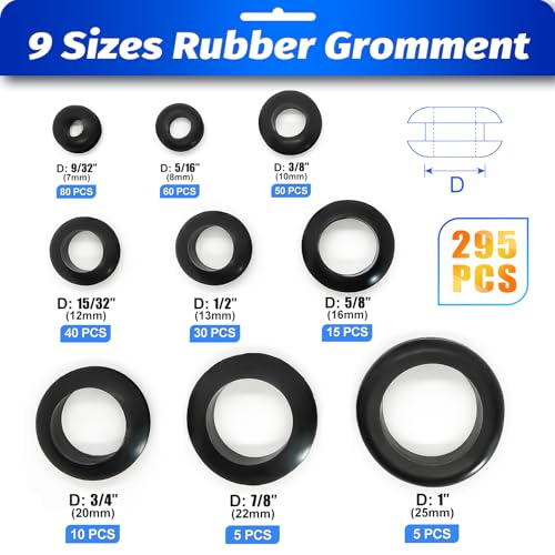 Duramedal Rubber Grommet Kit 295 PCS 9 Sizes Hole Plug Rubber Grommets for Wiring- 9 Standard Sizes (9/32",5/16",3/8",15/32",1/2",5/8",3/4",7/8",1") - Image 3