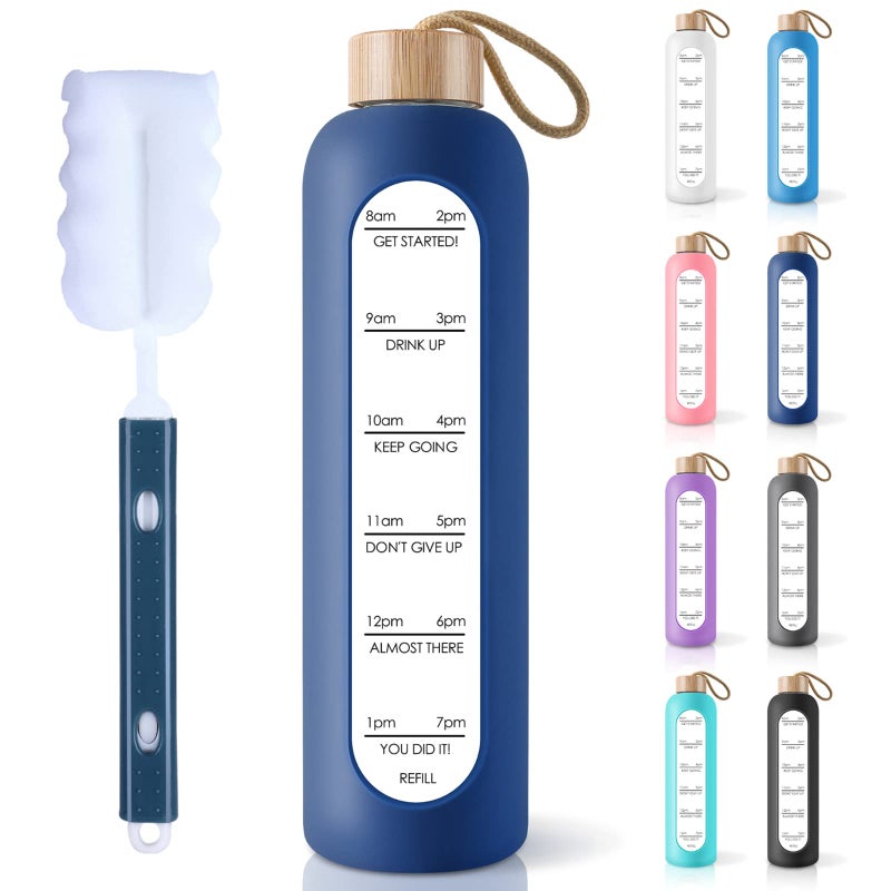 PROBTTL 32 Oz Borosilicate Glass Water Bottle with Time Marker Reminder Quotes, 1 Liter Leak Proof Reusable BPA Free Motivational Water Bottles with Silicone Sleeve and Bamboo Lid (Navy Blue) - Image 1