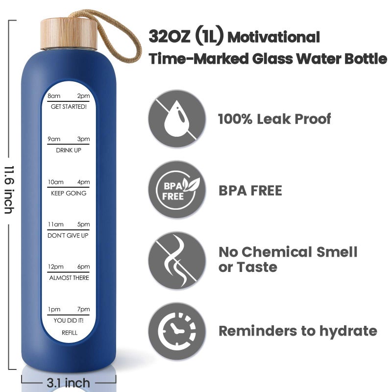 PROBTTL 32 Oz Borosilicate Glass Water Bottle with Time Marker Reminder Quotes, 1 Liter Leak Proof Reusable BPA Free Motivational Water Bottles with Silicone Sleeve and Bamboo Lid (Navy Blue) - Image 2