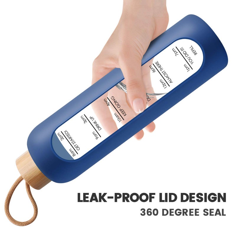 PROBTTL 32 Oz Borosilicate Glass Water Bottle with Time Marker Reminder Quotes, 1 Liter Leak Proof Reusable BPA Free Motivational Water Bottles with Silicone Sleeve and Bamboo Lid (Navy Blue) - Image 4