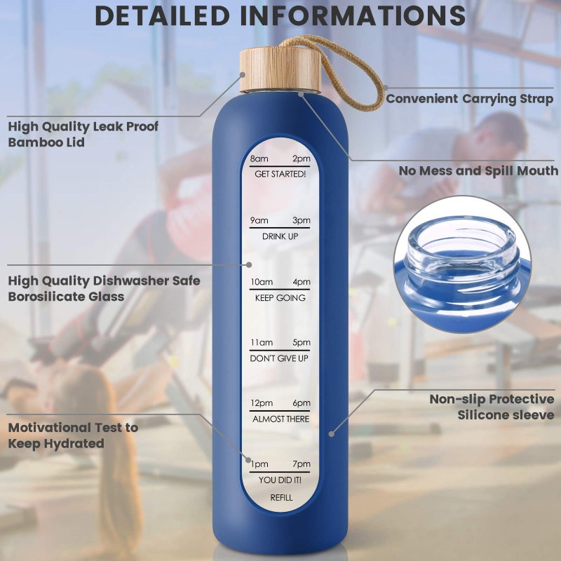 PROBTTL 32 Oz Borosilicate Glass Water Bottle with Time Marker Reminder Quotes, 1 Liter Leak Proof Reusable BPA Free Motivational Water Bottles with Silicone Sleeve and Bamboo Lid (Navy Blue) - Image 3