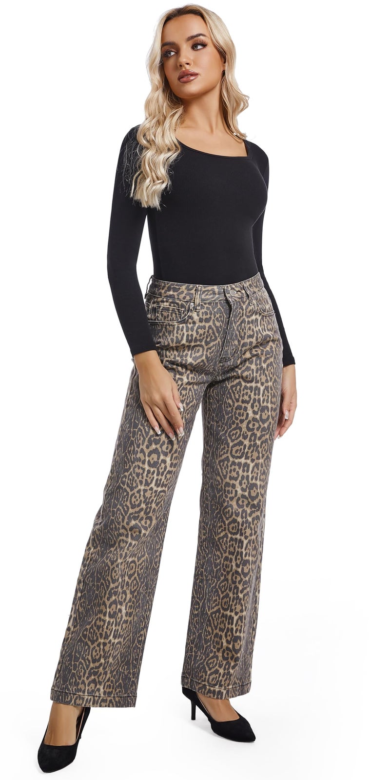ETTELO Women's Jeans Straight Leg Casual High Waisted Stretch Trendy Leopard Pull On Jeans for Women - Image 4