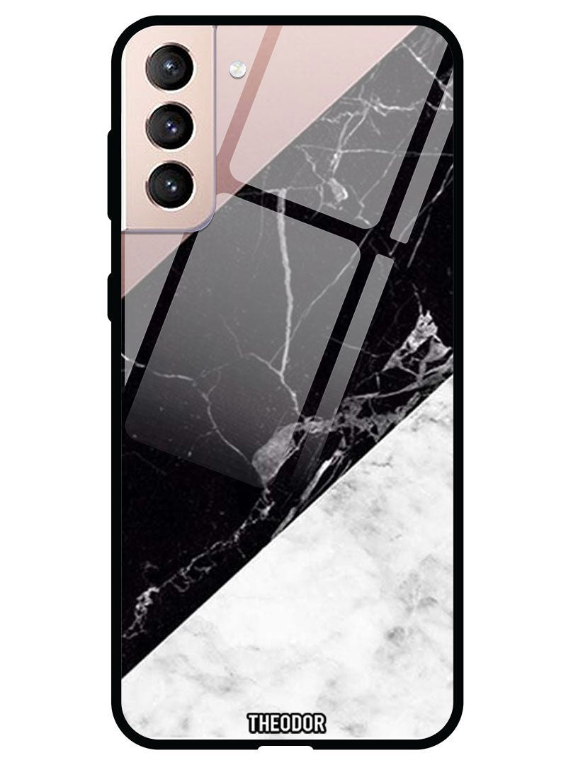 Theodor Protective Tempered Glass Case Cover Samsung Galaxy S21  Hite & Black Marble Top Is Plain - Image 1