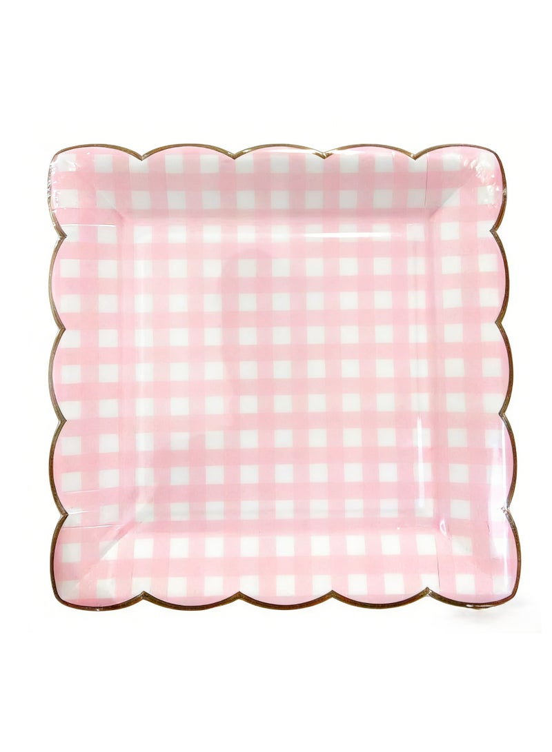 ThePartyPopper Pink Checkered 9 Inch Paper Plates Pack of 8 – Disposable Party Plates for Birthday, Baby Shower, Picnic, Tea Party & Pastel Theme Decorations - Image 1